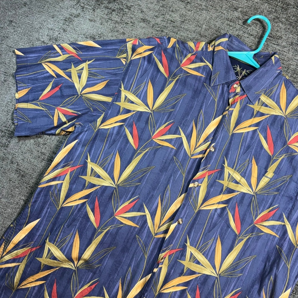 Bamboo Cay Button Up Shirt Mens L Blue Tropical Leaf Print Cotton Lawn 2014